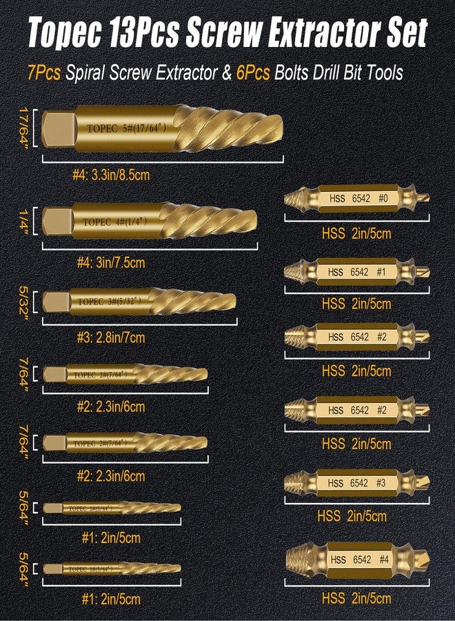 TOPEC Small Screw Extractor Set, 13 PCS Stripped Screw Removal Tool, HSS 6542 Easy Out Kit for Damaged, Broken Fasteners, Gifts for Men (Golden) - Image 2